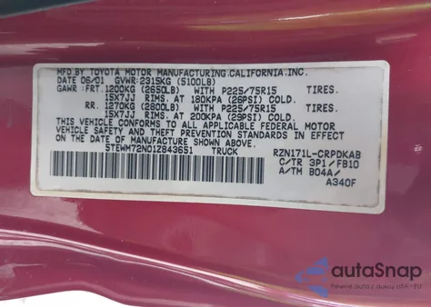 2001 Toyota Tacoma z USA, uszkodzony, nr VIN 5TEWM72N01Z843651